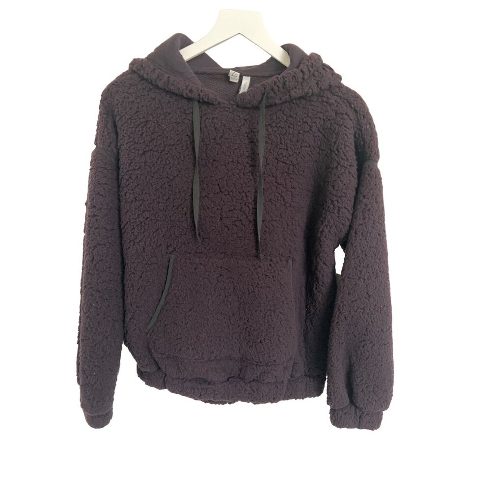 Z By Zella Faux Shearling Hoodie Dark Purple Kangaroo Pocket